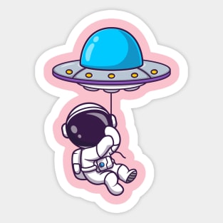 Cute Astronaut Floating With UFO Balloon Cartoon Sticker